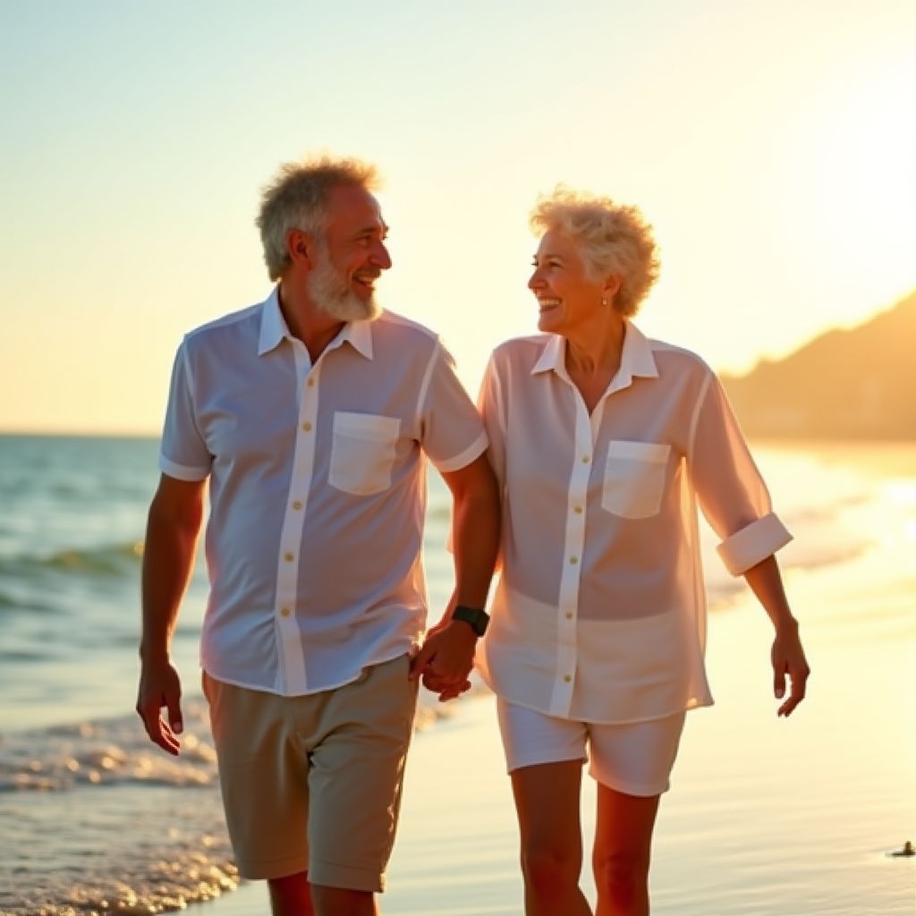 Pareja mayor sonriendo en una playa